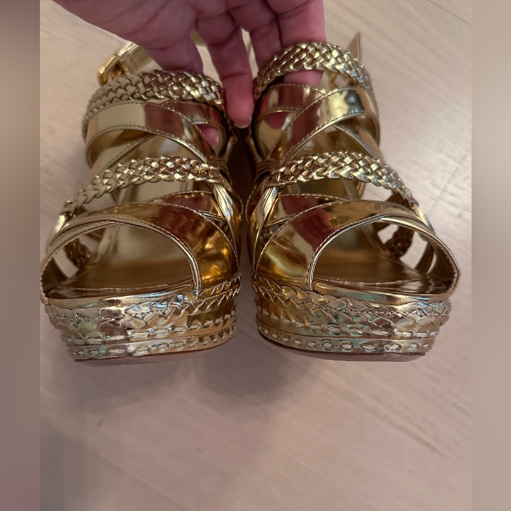 Prada Gold Metallic Woven all leather Platform Sandals 38 1/2 (Mint Condition) - Picture 9 of 15